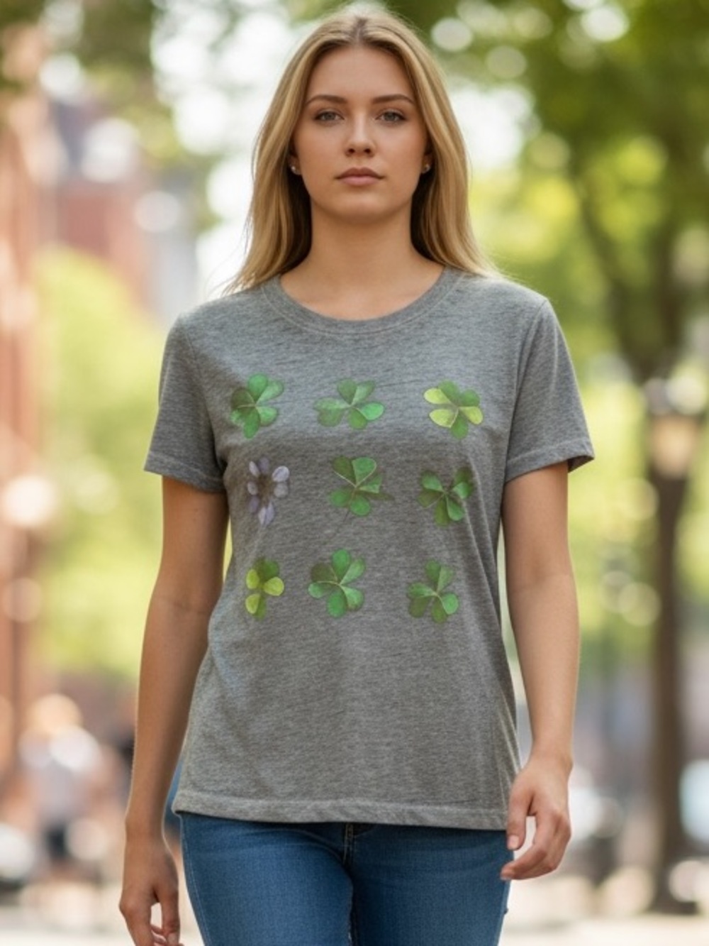 Grey Short-Sleeve Clover Graphic Tee - Women